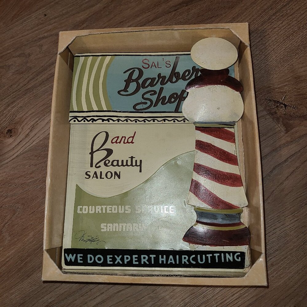 VTG 2004 Mary Beth Zeitz Barber Shop Dimensional Metal Wall Decor 9" x 7" NEW